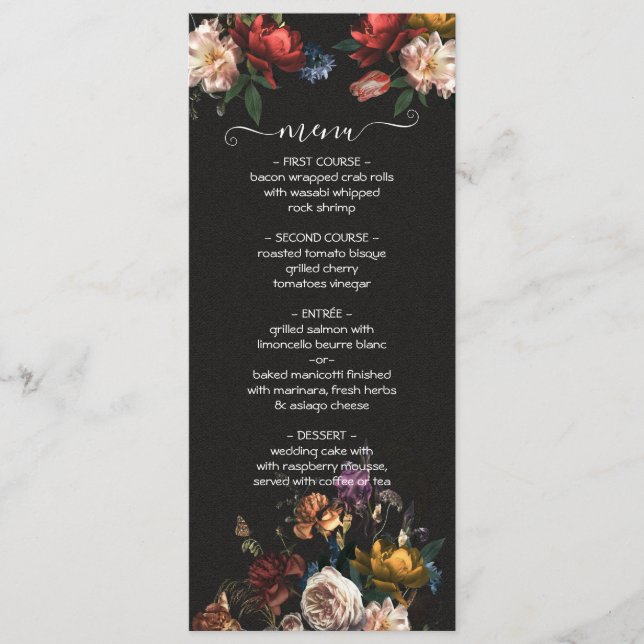 Rembrandt Floral Dark & Moody Wedding menu card (Front)