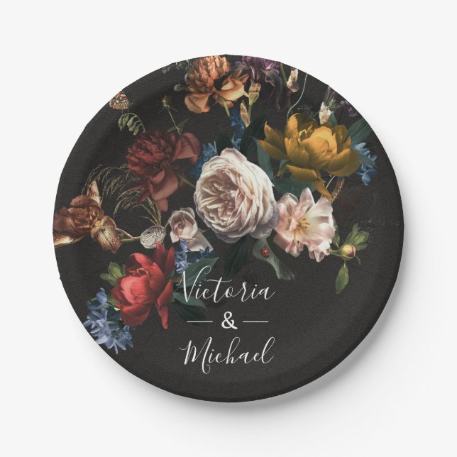 Rembrandt Floral Dark & Moody Wedding Paper Plates (Front)