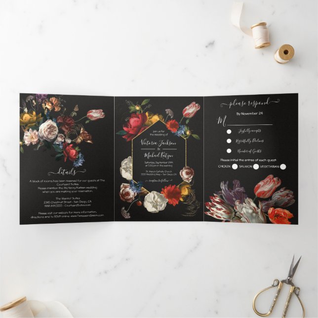 Rembrandt Floral Dark & Moody Wedding Tri-Fold Invitation (Inside)