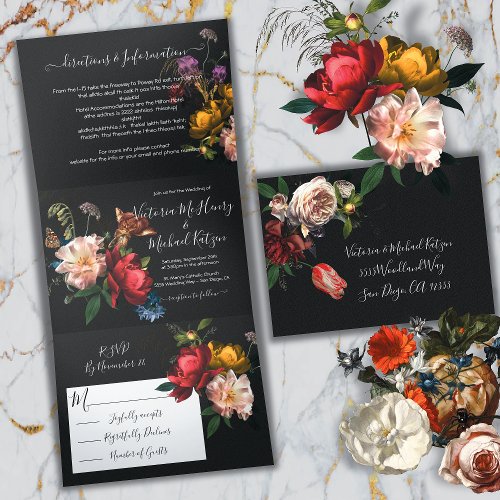 Rembrandt Floral Dark  Moody Wedding Tri_Fold Invitation