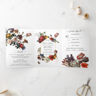 Rembrandt Floral Photo Wedding Tri-Fold Invitation