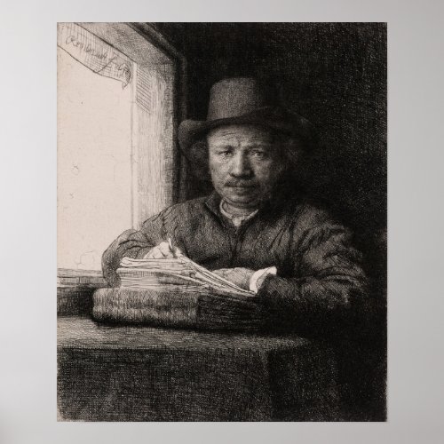 Rembrandt _ Self_Portrait Drawing At Window Poster