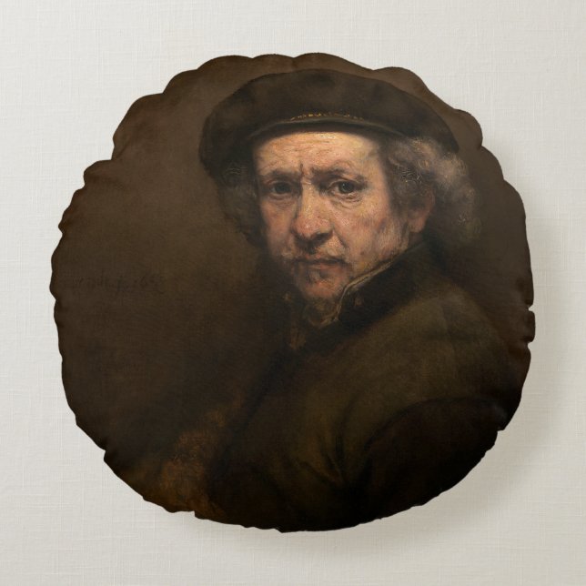 Rembrandt Self Portrait: Dutch Golden Age Painter Round Pillow (Front)