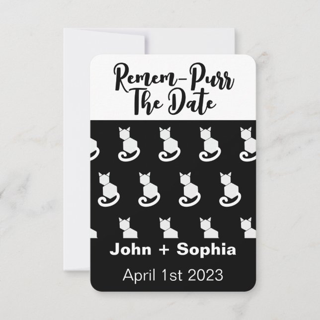 Remem-Purr Funny Modern Black and White Cat  Save  Save The Date (Front)