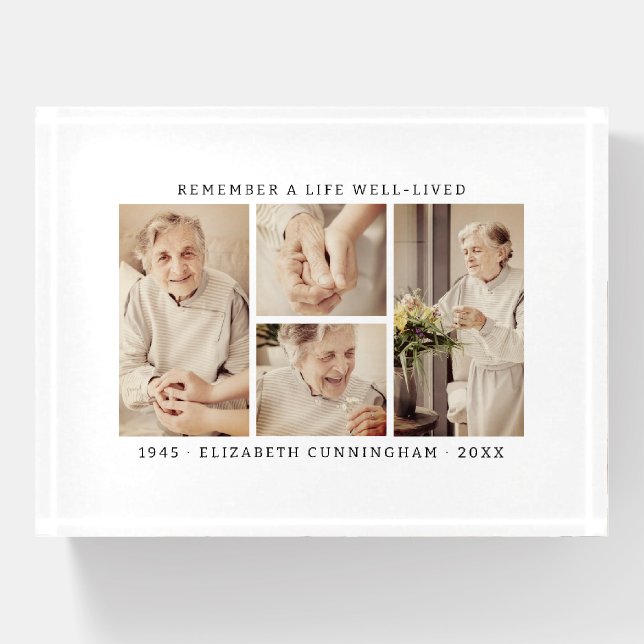 Remember A Life Modern Simple 4 Photo Collage Paperweight (Front)