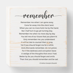 Remember Poem by Christina Georgina Rossetti Wooden Box Sign