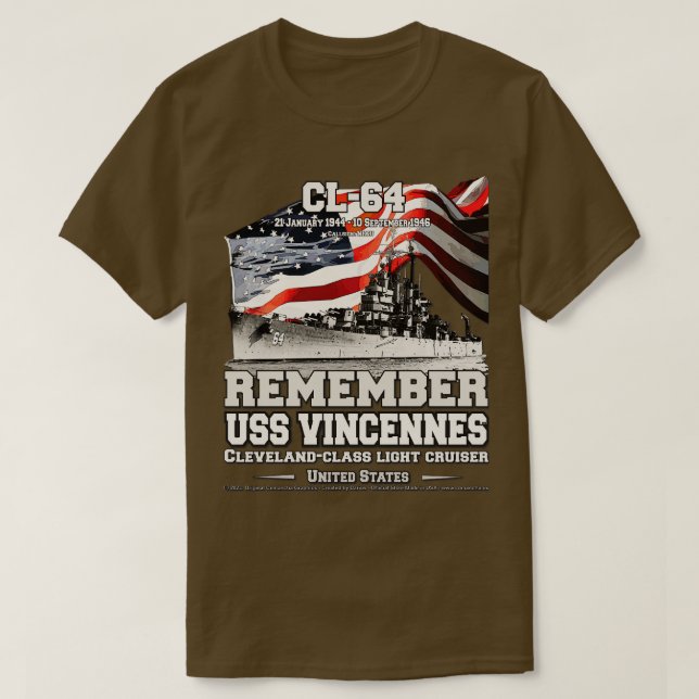 REMEMBER USS Vincennes CL64 cruiser navy veterans T-Shirt (Design Front)