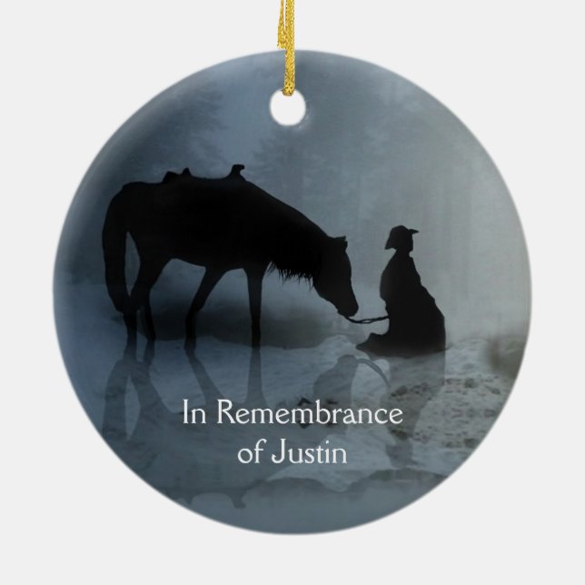 Remembrance Name Cowboy and Horse Memorial Ceramic Ornament (Back)