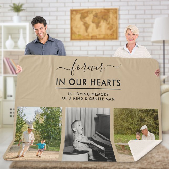 Remembrance Photo Collage Forever in Hearts Beige Sherpa Blanket (Creator Uploaded)