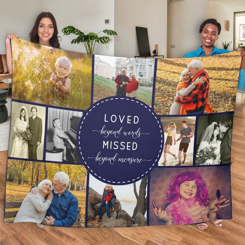 Remembrance Photo Collage Loved Beyond Words Blue Fleece Blanket