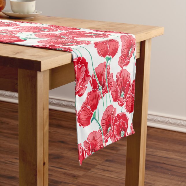 Remembrance red poppy field floral pattern short table runner (In Situ)