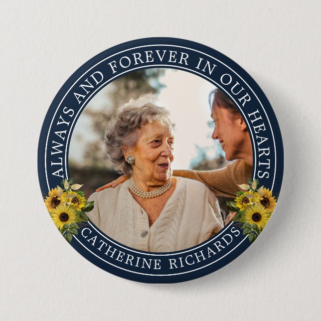 Remembrance Sunflower Florals Photo Memorial Button (Front)