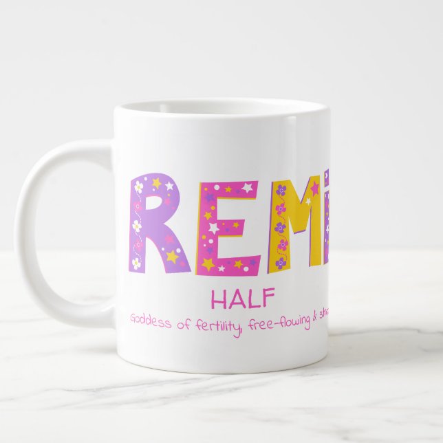 Remi girls name meaning pink purple flower stars giant coffee mug (Left)