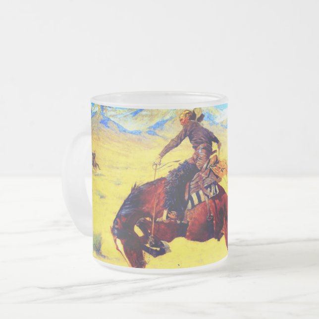 Remington Old West Horse and Cowboy Frosted Glass Coffee Mug (Front Left)