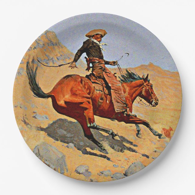 Remington - The Cowboy, famous painting Paper Plates (Front)