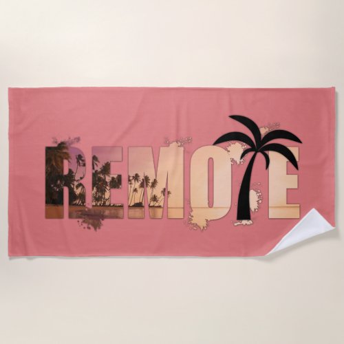 Remote Word Art Splash Palm Tree Silhouette Beach Towel