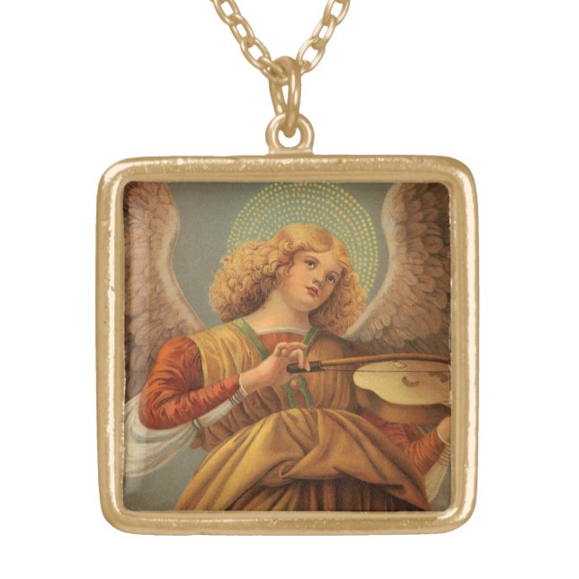Renaissance Angel Playing Violin Melozzo da Forli Gold Plated Necklace (Front)