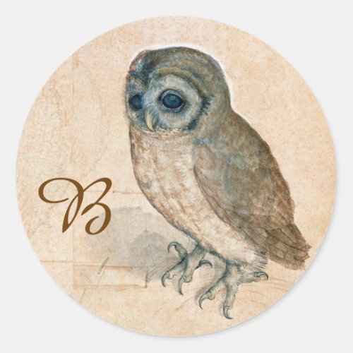 RENAISSANCE ANIMAL DRAWINGS THE OWL Monogram Classic Round Sticker