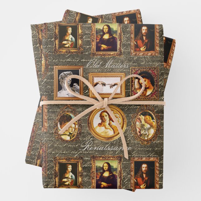 Renaissance Art Framed on Antique Script Grunge Wrapping Paper Sheets (In situ)