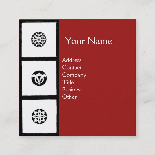 RENAISSANCE Black White Red Geometric Floral Square Business Card (Front)