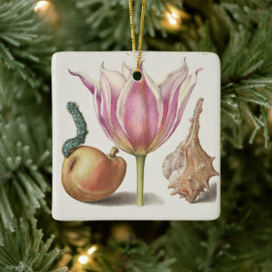 Renaissance Calligraphy Art Pink Tulip and Pear Ceramic Ornament