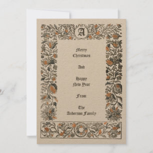 Renaissance Floral Pomegranate Woodblock Christmas Holiday Card