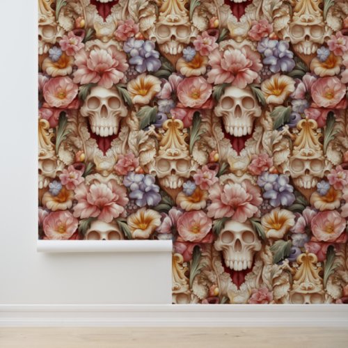 Renaissance Flowered Skull Escape Room Decor Wallpaper