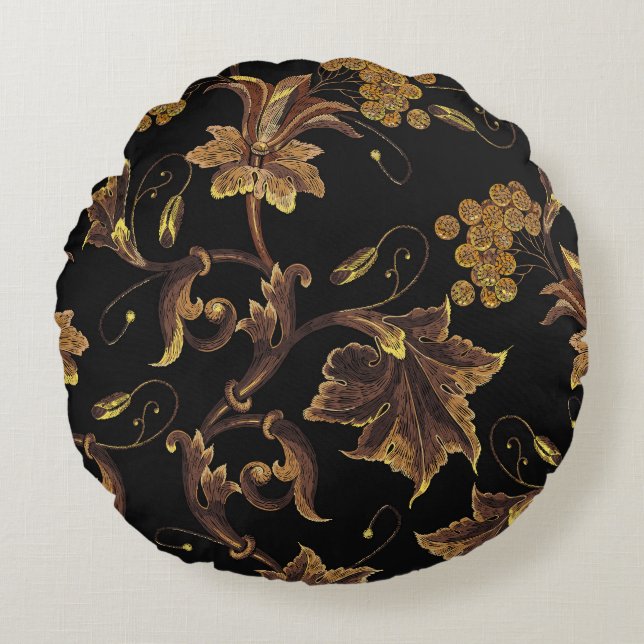 Renaissance Golden Floral Embroidery Pattern Round Pillow (Front)