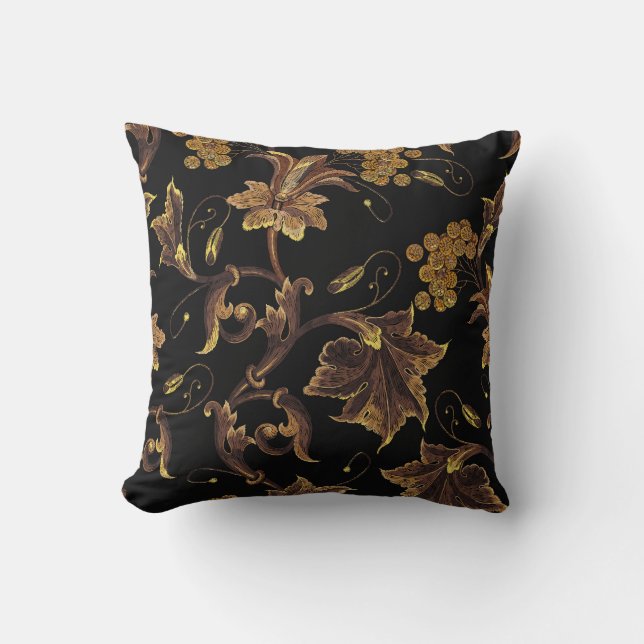 Renaissance Golden Floral Embroidery Pattern Throw Pillow (Front)