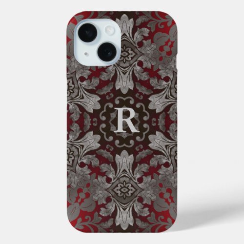 renaissance gothic grey burgundy red damask iPhone 15 case