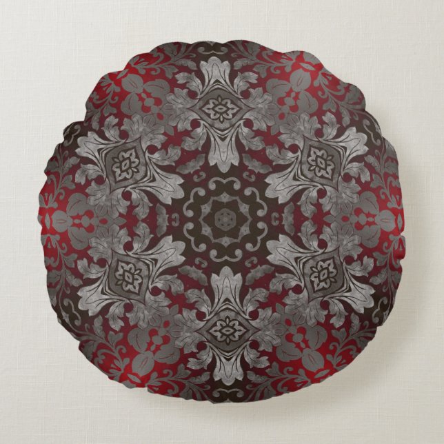 renaissance gothic metallic red and black mandala round pillow (Front)