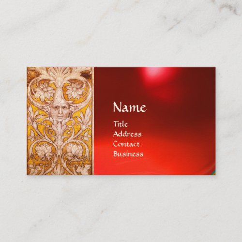 RENAISSANCE GROTESQUE FACE  GOLD FLORAL RED RUBY BUSINESS CARD