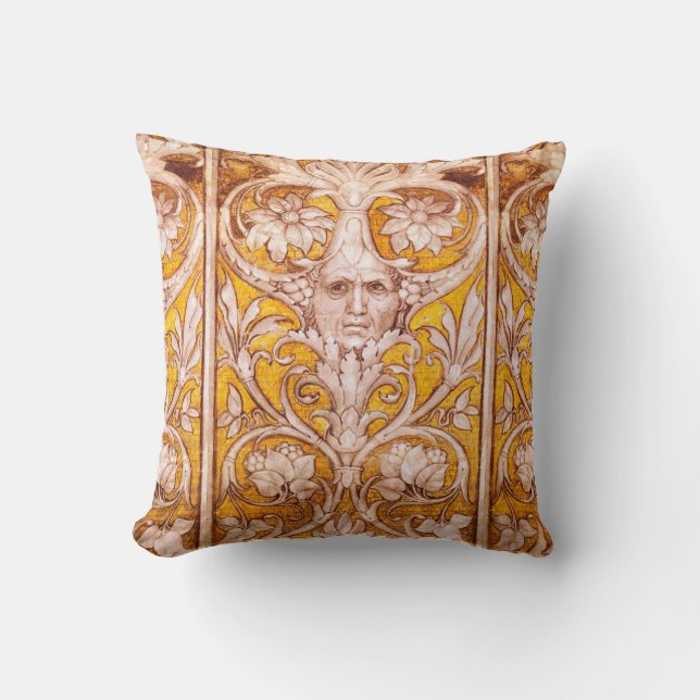RENAISSANCE GROTESQUE FACE , GOLD WHITE FLORAL THROW PILLOW (Front)