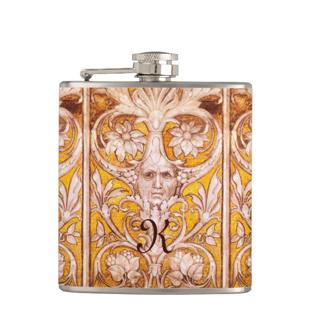 RENAISSANCE GROTESQUE FACE WITH GOLD WHITE FLORAL HIP FLASK (Front)