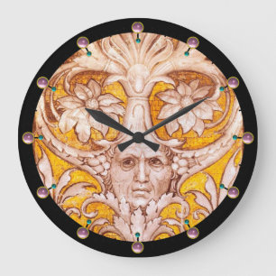 RENAISSANCE GROTESQUE FACE WITH GOLD WHITE FLORAL LARGE CLOCK