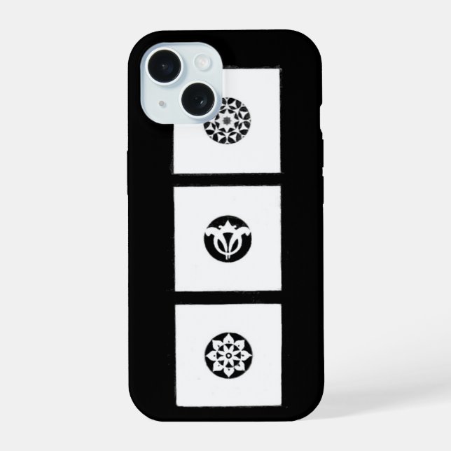 RENAISSANCE HARMONY Black White Geometric Floral iPhone 15 Case (Back)