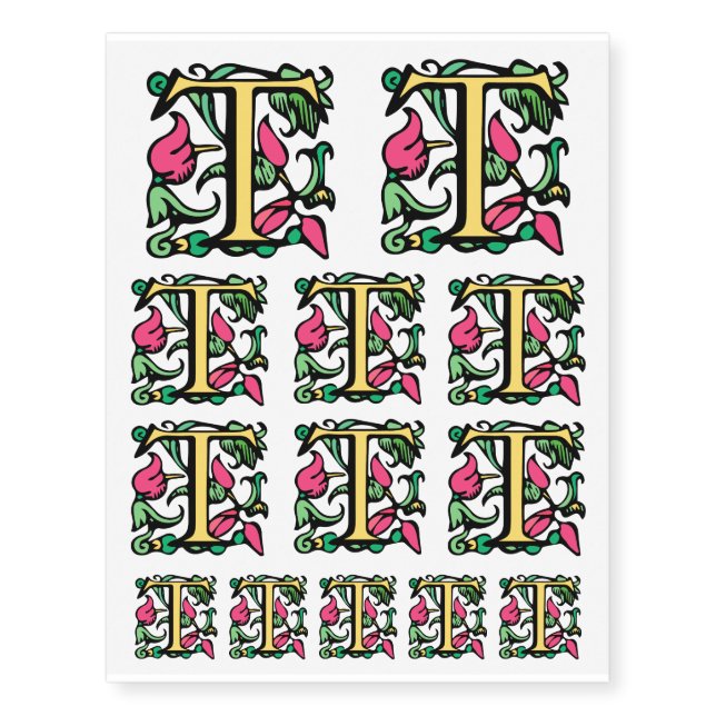 Renaissance illuminated Letter T Monogram Temporary Tattoos (Front)