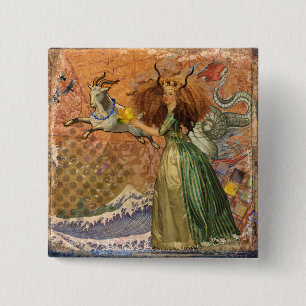 Renaissance Lady Capricorn Fantasy Vintage Zodiac Button