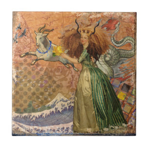 Renaissance Lady Capricorn Fantasy Vintage Zodiac Ceramic Tile