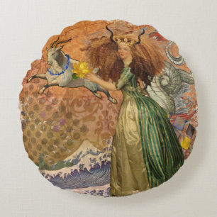 Renaissance Lady Capricorn Fantasy Vintage Zodiac Round Pillow