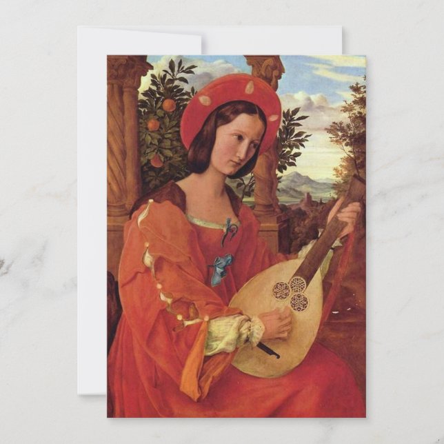 Renaissance Lady in Red playing Lute Holiday Card (Front)