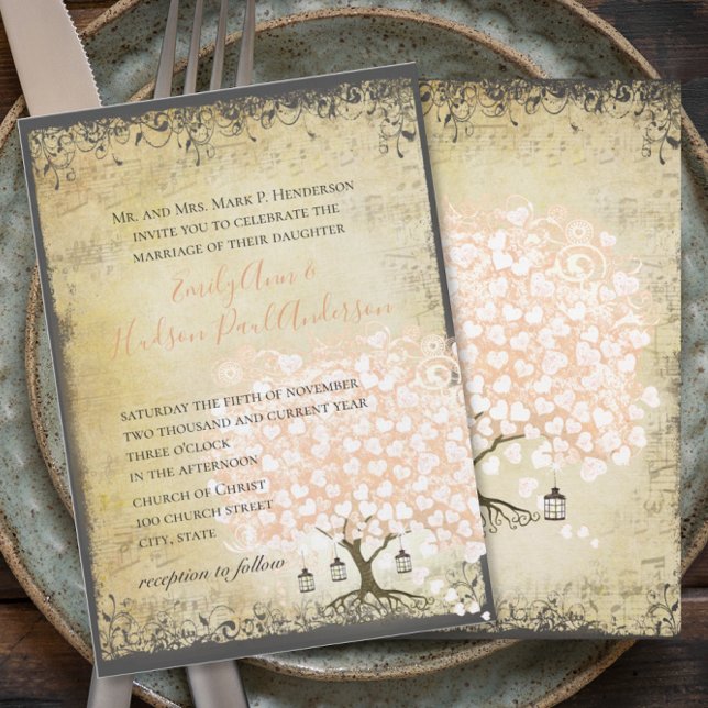 Renaissance Medieval Coral Heart Leaf Tree Wedding Invitation (Creator Uploaded)