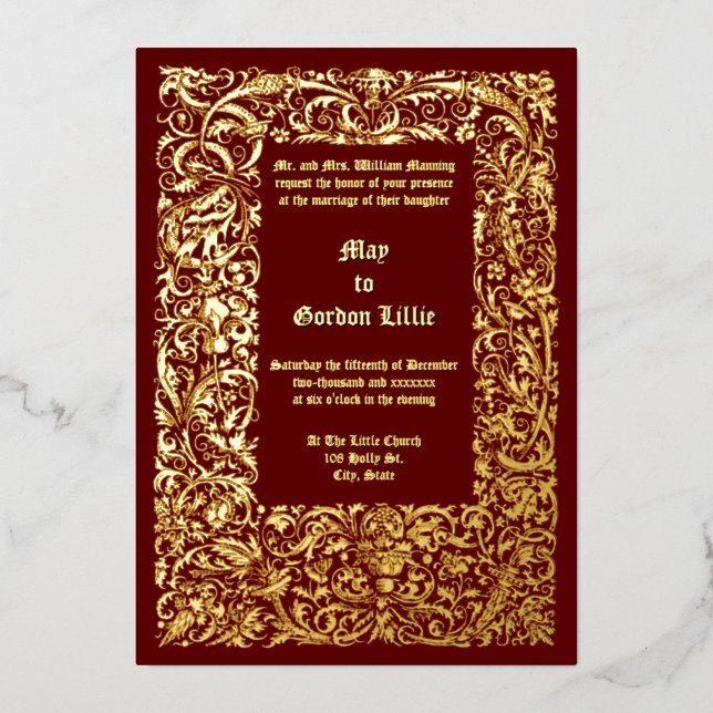 Renaissance Medieval Foliage Border Wedding Foil Invitation (Front)