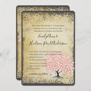 Renaissance Medieval Pink Heart Leaf Tree Wedding Invitation