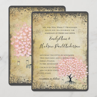 Renaissance Medieval Pink Heart Leaf Tree Wedding Invitation