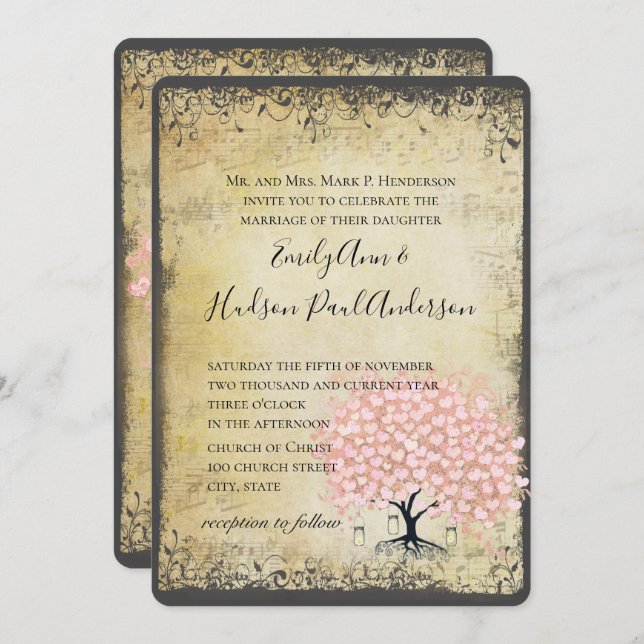 Renaissance Medieval Pink Heart Leaf  Tree Wedding Invitation (Front/Back)