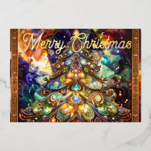 Renaissance Merry Christmas Tree Gold Foil Holiday Card
