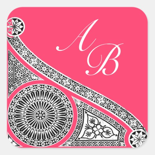 RENAISSANCE MONOGRAM pink fuchsia black white Square Sticker