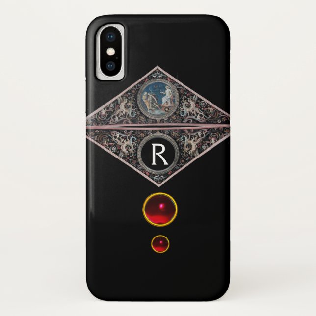 RENAISSANCE MONOGRAM WITH RED RUBY GEMSTONES Black Case-Mate iPhone Case (Back)