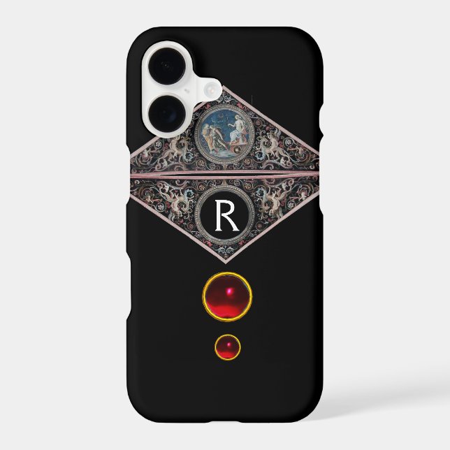 RENAISSANCE MONOGRAM WITH RED RUBY GEMSTONES Black Iphone Case (Back)